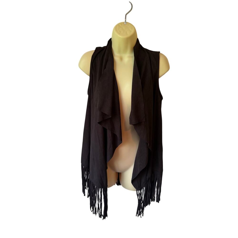 Decree Boho Black Faux Suede Fringe Waterfall Vest Size Small